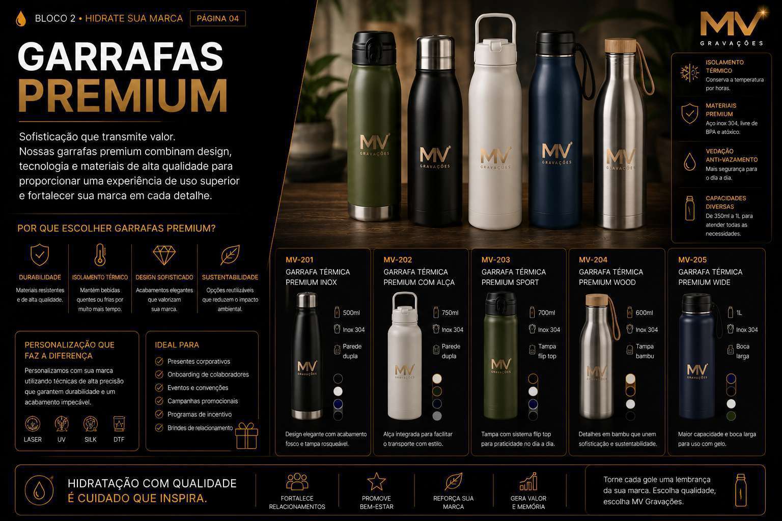 Página do catálogo com garrafas personalizadas